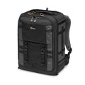 Black camera backpack with front zip compartments and side straps