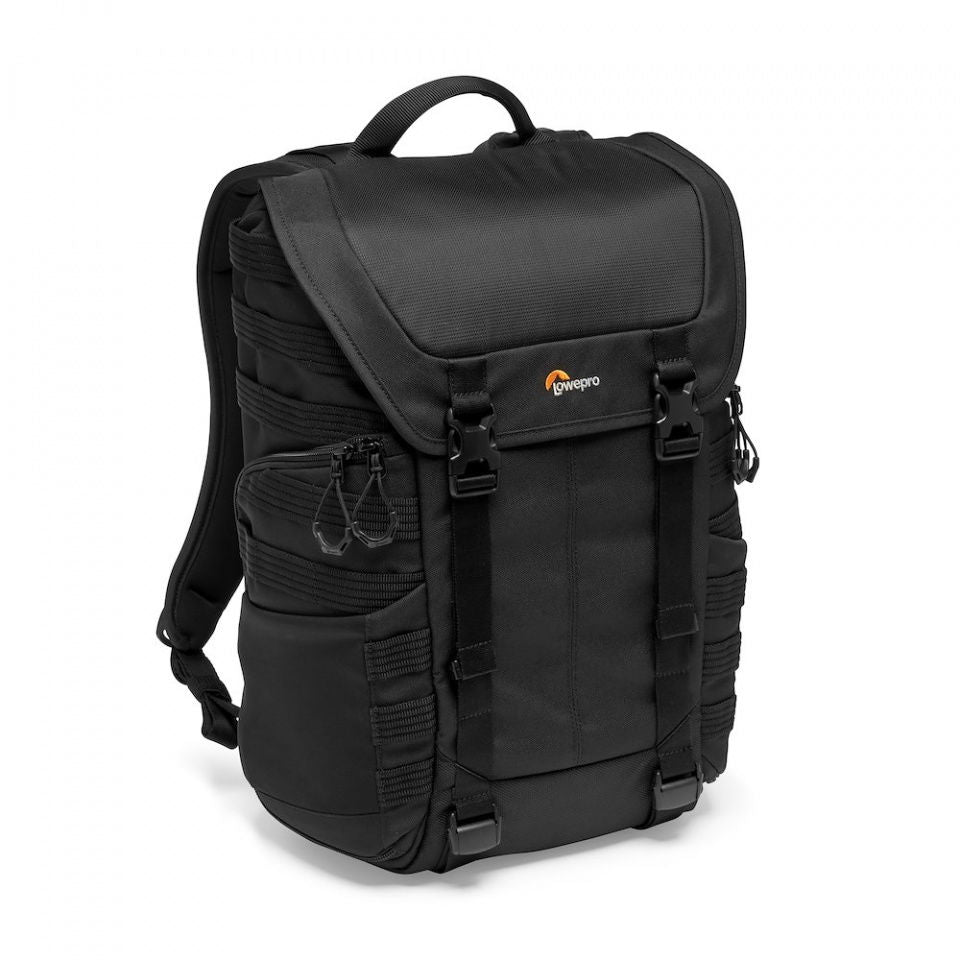 Black camera backpack with front flap, buckles, and padded side organizer pockets