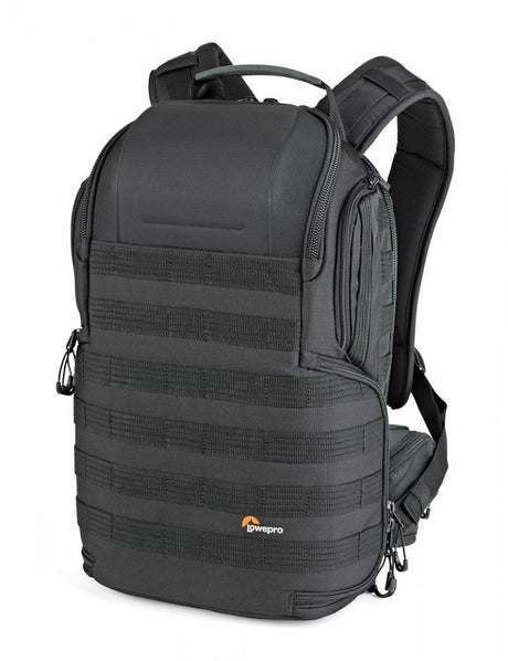 Black photo backpack with top handle, front zip pocket, and padded front panels