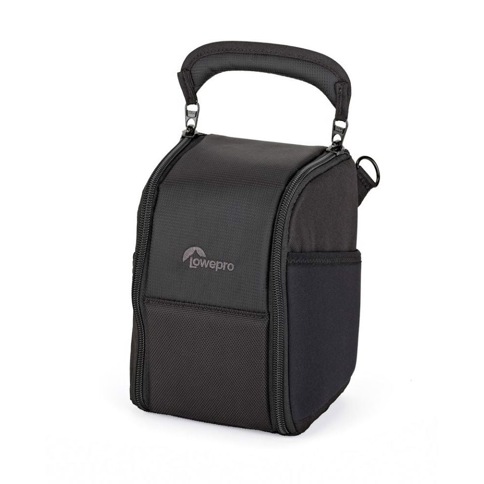 Black padded camera lens case with top handle and side zip pocket