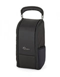 Black camera lens storage pouch with top handle and side zipper pocket