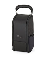 Black camera lens storage pouch with top handle and side zipper pocket