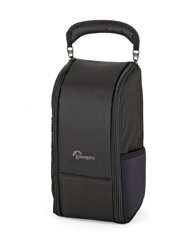 Black camera lens storage pouch with top handle and side zipper pocket