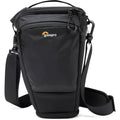 Black camera bag with top zipper, carry strap, and front pocket
