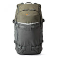 Olive and dark gray camera backpack with front straps and padded top handle