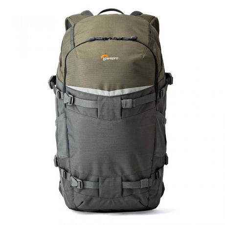 Olive and dark gray camera backpack with front straps and padded top handle