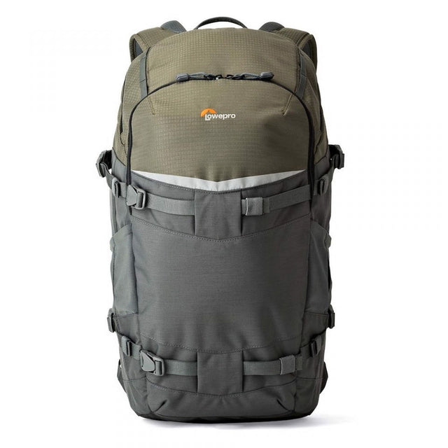 Olive and gray photo backpack, front panel with straps and buckles