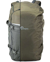 Olive camera backpack with protective cover panel over the back section