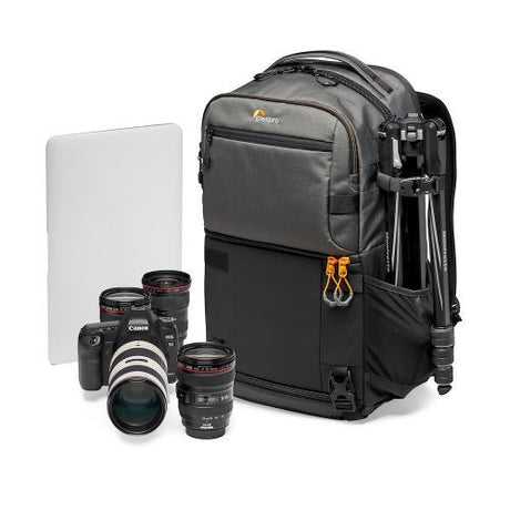 Fastpack Pro BP 250 AW III photo backpack, open side view with camera gear inside