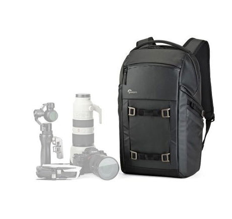 Black photo backpack with front organizer panels and adjustable side straps