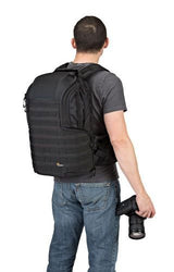 Back view of photo backpack on person, adjustable shoulder straps and carry handle