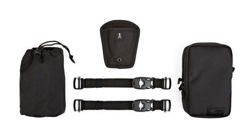Set of black backpack components: removable strap, small pouch, and hanging accessory bag