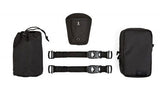 Set of black backpack components: removable strap, small pouch, and hanging accessory bag