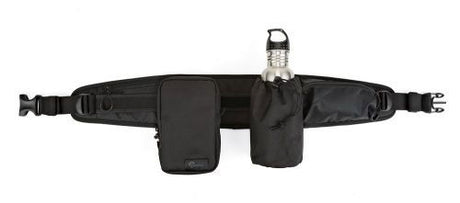 Photo backpack hip belt with front pouch and elastic bottle-holder pocket