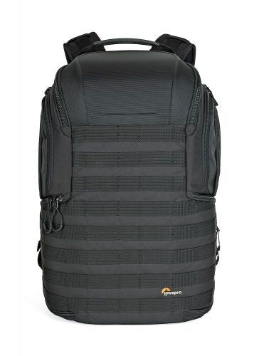 Photo backpack front view with textured panels, multiple zip pockets, and grab handle