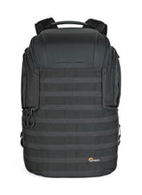 Black camera backpack back view with padded shoulder straps and webbing belt