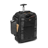 Black wheeled camera backpack, front view with top organizer and side pocket