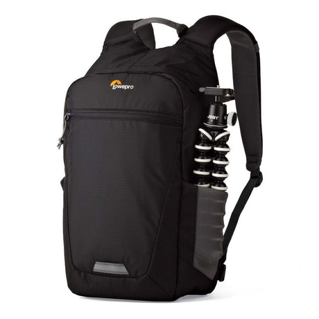 Black camera backpack with side tripod mount and adjustable shoulder straps