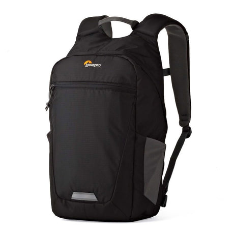Black camera backpack with front zip pocket and padded top carry handle