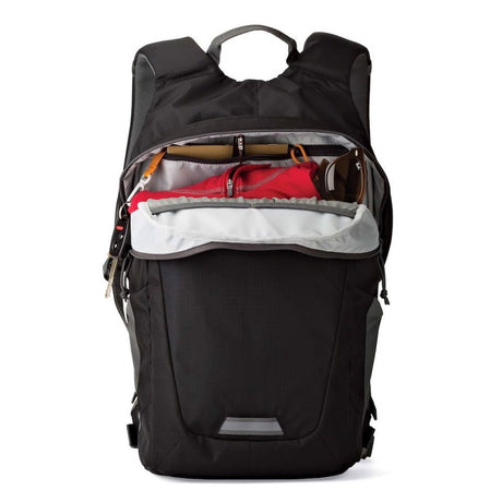 Black camera backpack open top with gear organizer and padded internal pouches