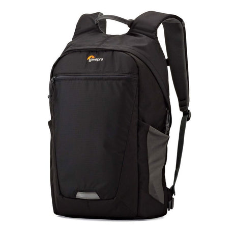 Black photo backpack with padded shoulder straps, top handle, and front zip pocket