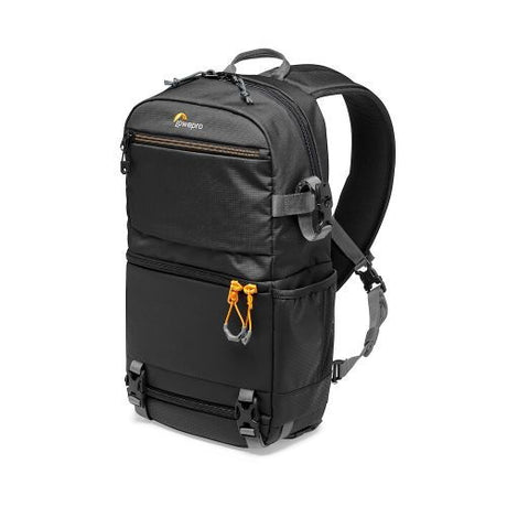 Black camera sling backpack with front zip pocket and adjustable shoulder strap