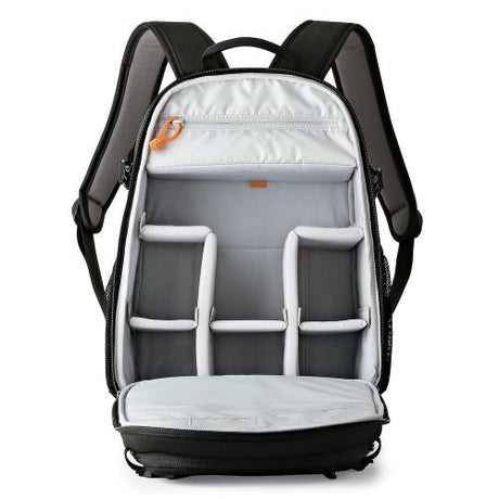 Black photo backpack interior with padded dividers and zippered compartment