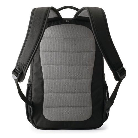 Black photo backpack with textured back padding and adjustable shoulder straps