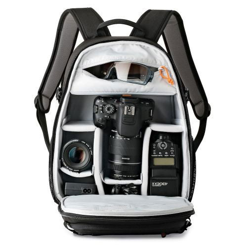 Tahoe BP 150 photo backpack interior holding DSLR, lens, and accessories