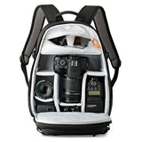 Tahoe BP 150 photo backpack interior holding DSLR, lens, and accessories