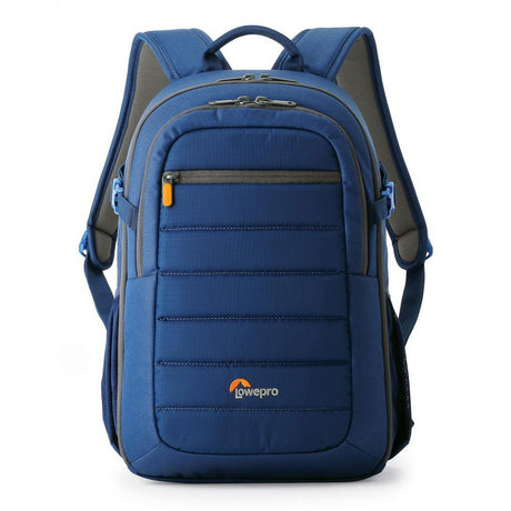 Blue photo backpack back view with padded panels, top handle, and side straps