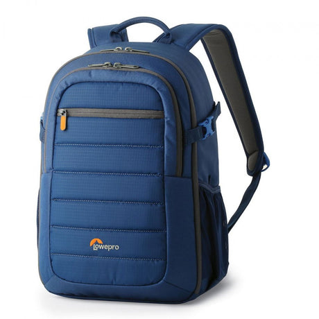 Blue photo backpack with front zip pocket and padded, vented shoulder straps