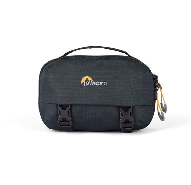 Camera sling bag, dark gray/black front flap with buckle straps and top handle