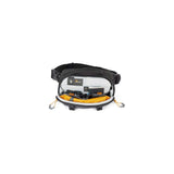 Open gray camera bag with padded dividers and yellow accessories at center