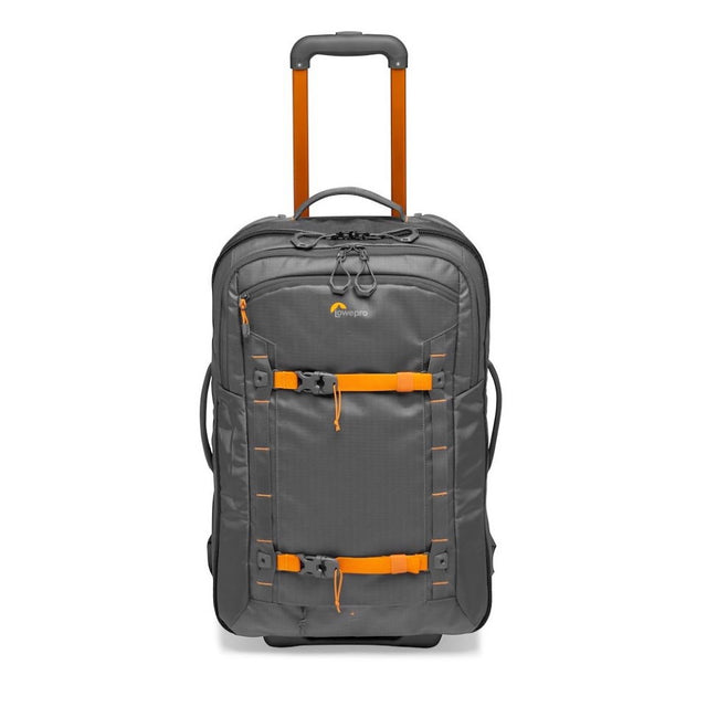 Gray photo/video trolley case with telescoping handle and orange straps, front view