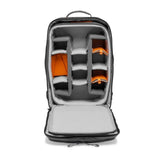 Open interior of gray photo/video trolley with padded dividers and orange storage panels