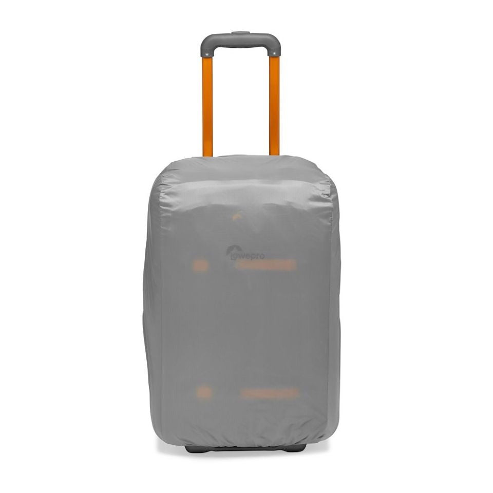 Gray wheeled photo/video trolley with extended telescoping handle and protective cover