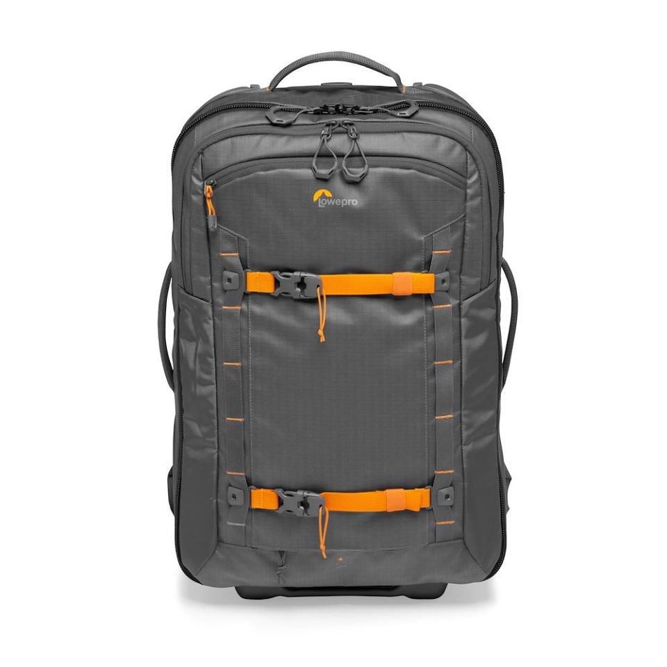 Gray camera trolley with front organizer panel, orange webbing straps, and top handle