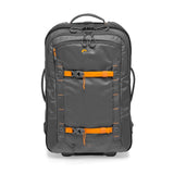 Gray camera trolley with front organizer panel, orange webbing straps, and top handle