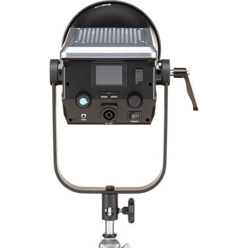 Bi-color LED studio light rear panel with controls and display, mounted on stand