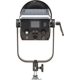 Bi-color LED studio light rear panel with controls and display, mounted on stand