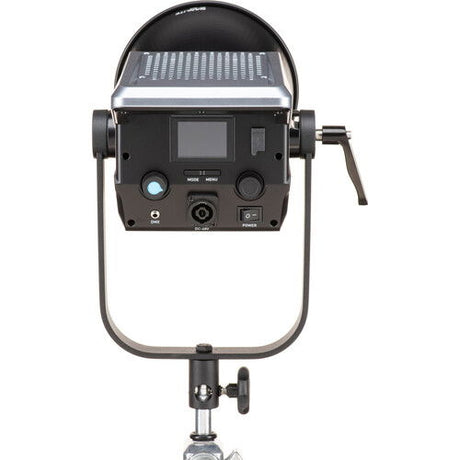 Bi-color LED studio light rear panel with controls and display, mounted on stand