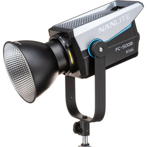 FC500B bi-color LED spotlight angled view with black reflector hood and lens
