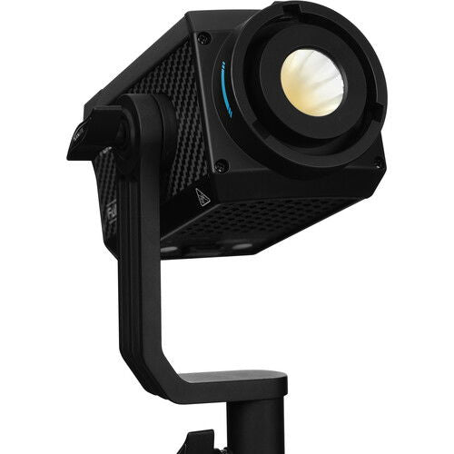 Black RGB LED spotlight with carbon-fiber side panels and angled lens