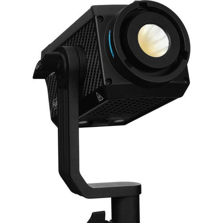 Black RGB LED spotlight with carbon-fiber side panels and angled lens