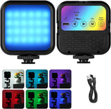 Lampă LED pătrată RGB cu panou luminos și control, carcasă neagră.