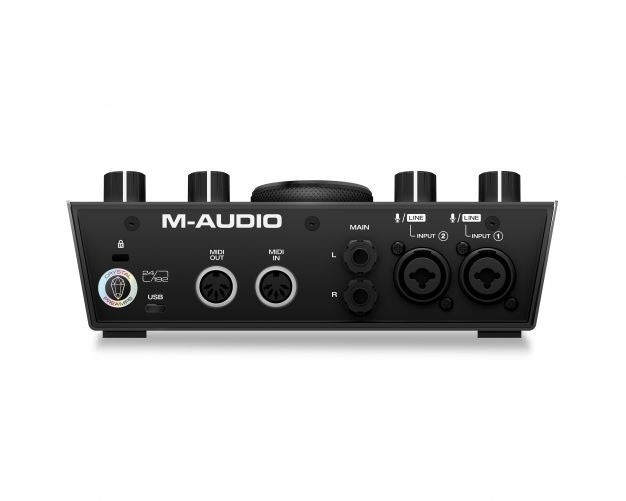 Audio interface rear panel with MIDI/USB ports and XLR-style input/output jacks