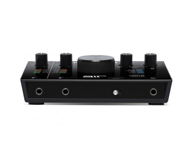 Audio interface top/front edge view with gain knobs and LED level indicators