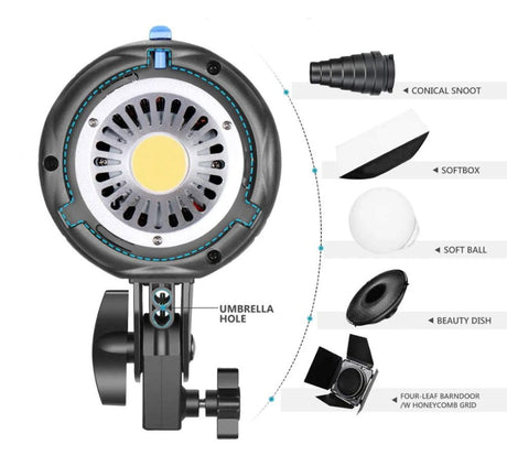 LED spotlight head with modifiers: softbox, conical snoot, soft ball, beauty dish, barn doors
