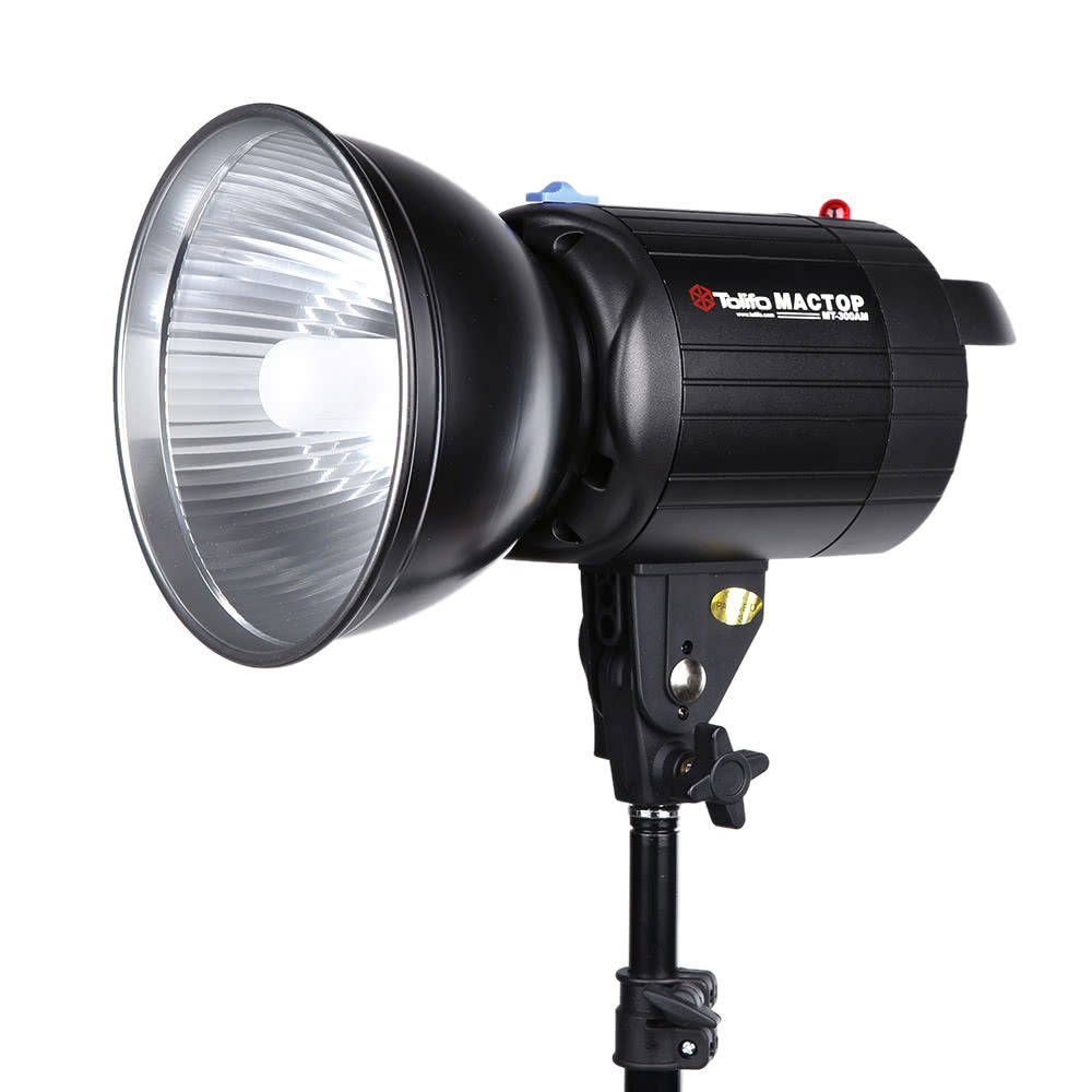 Black photo studio flash head with front reflector and mounting bracket